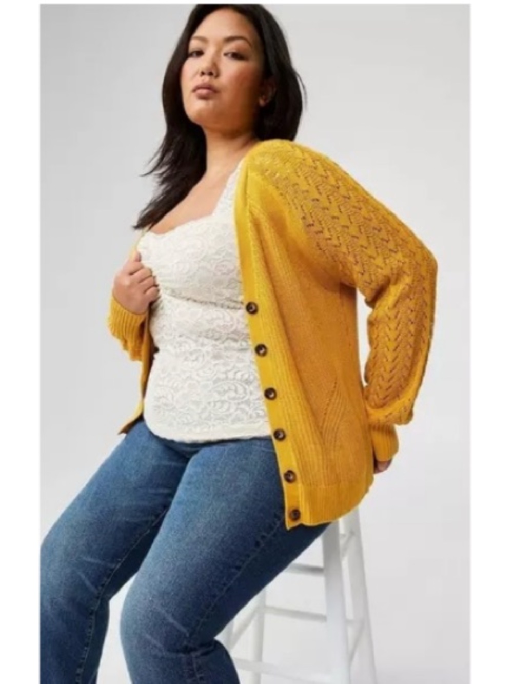 Torrid Pointelle Knit V-Neck Button Down Cardigan Sweater Marigold Yellow 3X